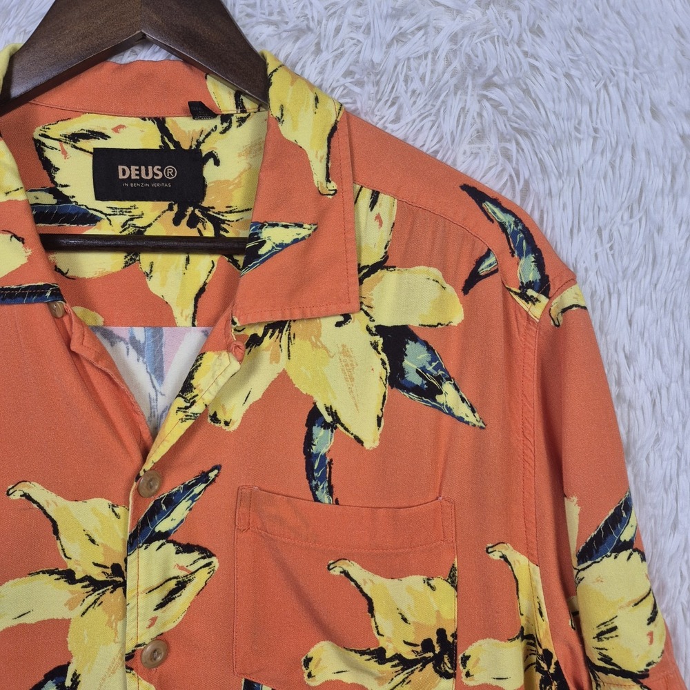 Deus Ex Machina Mens Orange Yellow Floral Lily Short Sleeve Button Up Shirt M